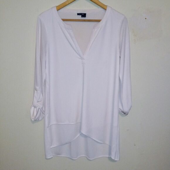 Bylyse Tops - Bylyse White Asymmetrical Hem Blouse-Small-Slinky-Roll Tab Sleeve-Side Vent